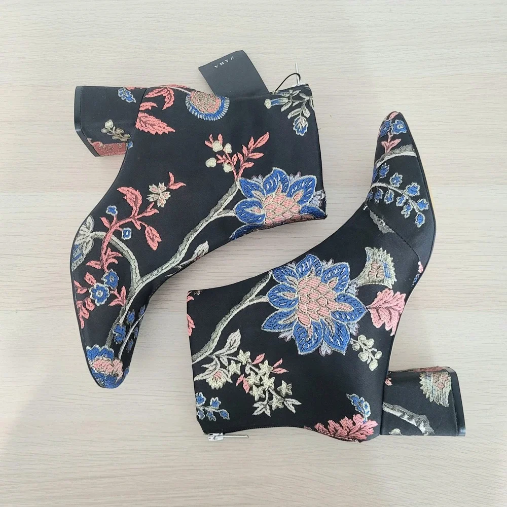 Zara Floral Jacquard Ankle Boots Black Blue Red Satin Statement Booties Heels 8